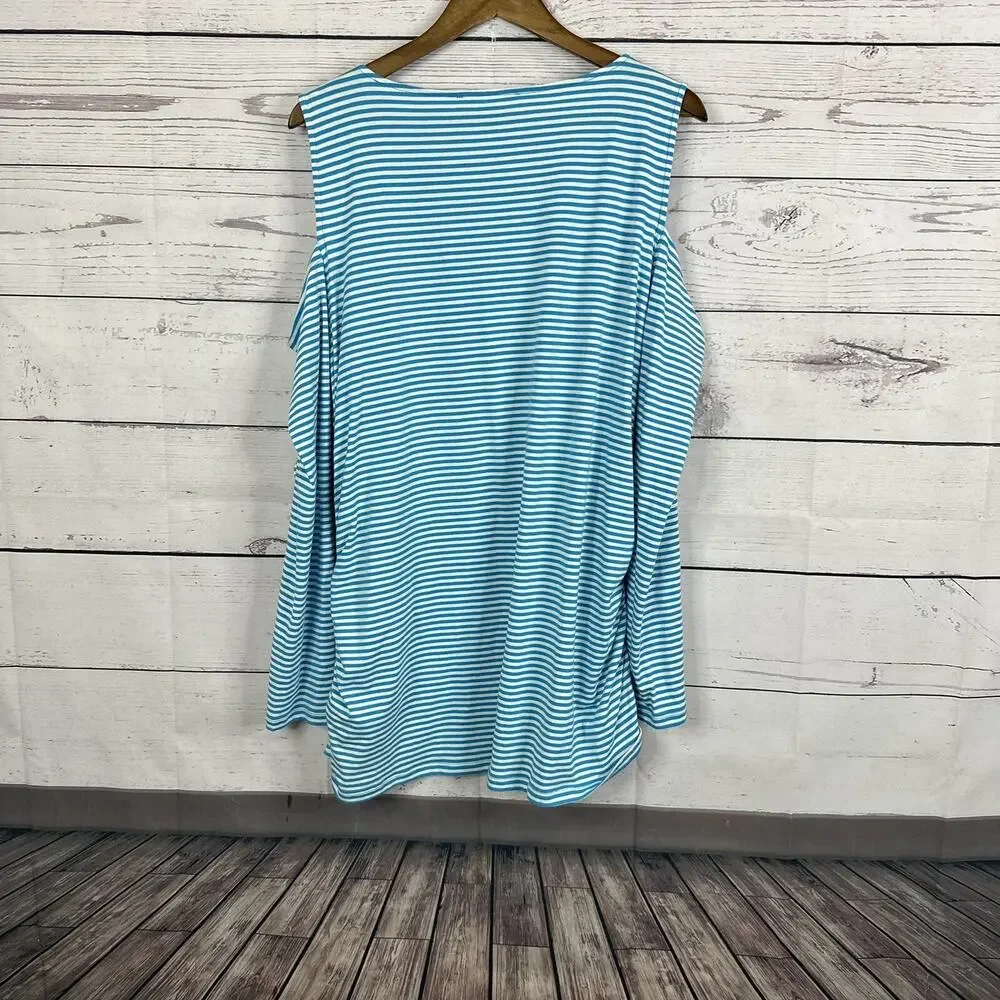 Michael Kors Top Shirt Womens 3X Blue White Striped Cold Shoulder Side Zip‎